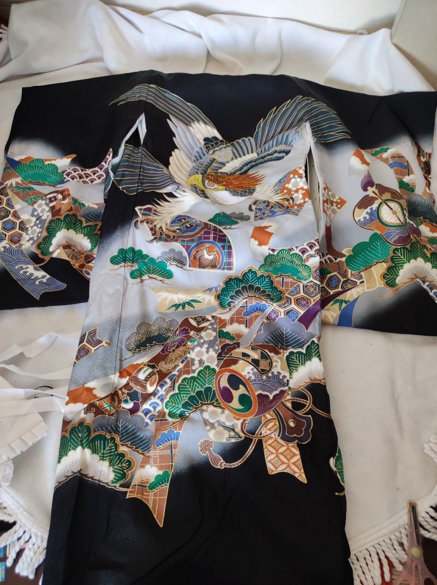 正絹 豪華鷹刺繍 美品 お宮参り着物男の子 祝い着 産着 初着 のしめ