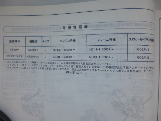 ホンダ パーツリストCB250F/CB250ABS（CB250FF/AFA（MC43))　1版送料無料