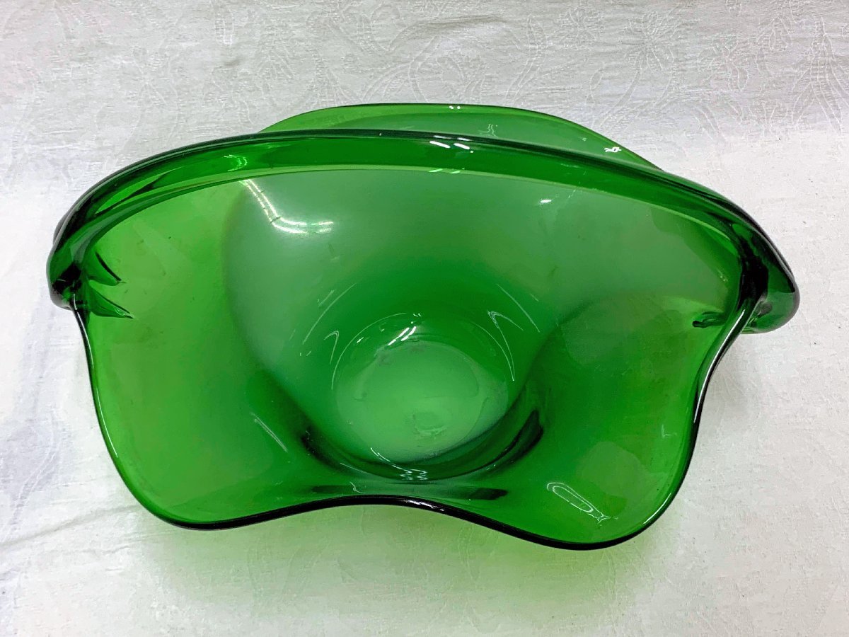 11907/気泡ガラス グリーン バスケット フルーツ皿 盛皿 収納 花器 フラワーベース インテリア アンティークの画像3