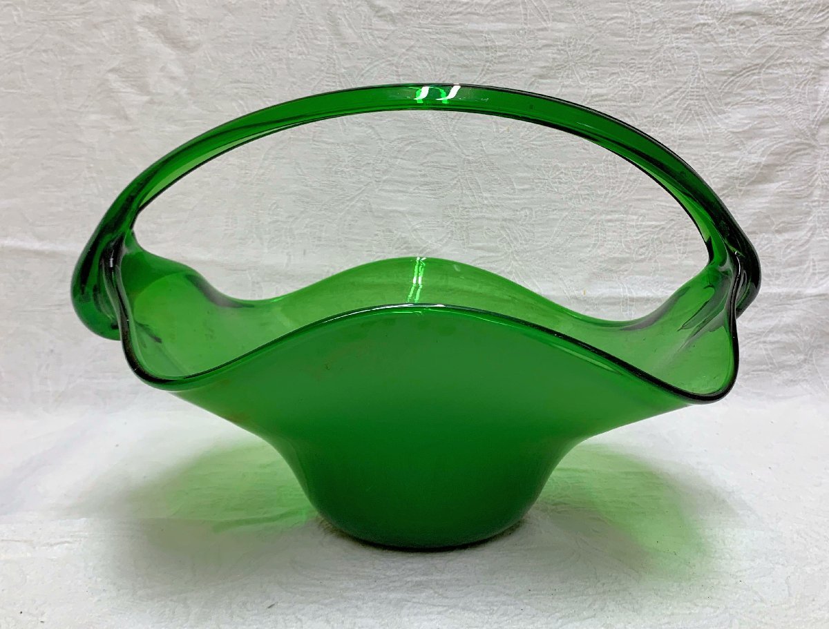 11907/気泡ガラス グリーン バスケット フルーツ皿 盛皿 収納 花器 フラワーベース インテリア アンティークの画像1