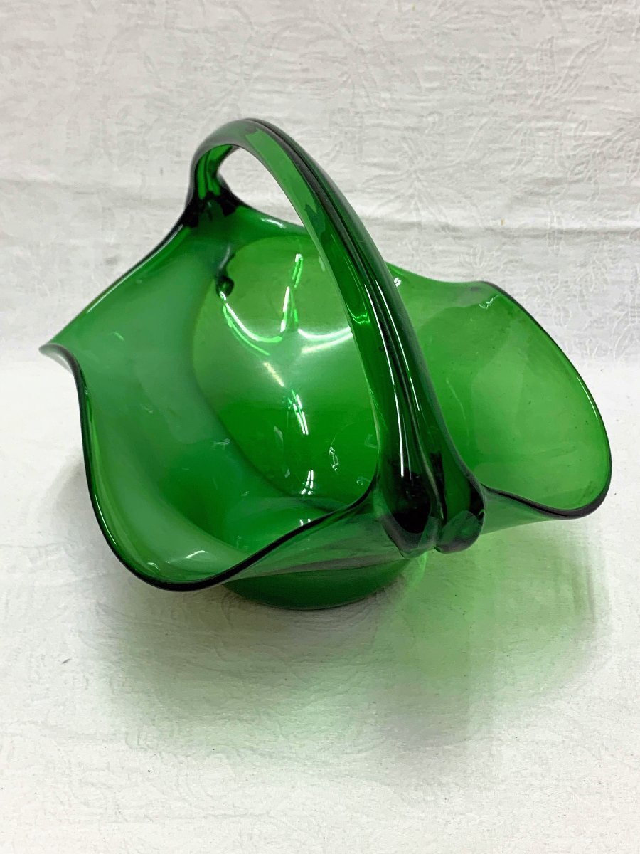 11907/気泡ガラス グリーン バスケット フルーツ皿 盛皿 収納 花器 フラワーベース インテリア アンティークの画像2