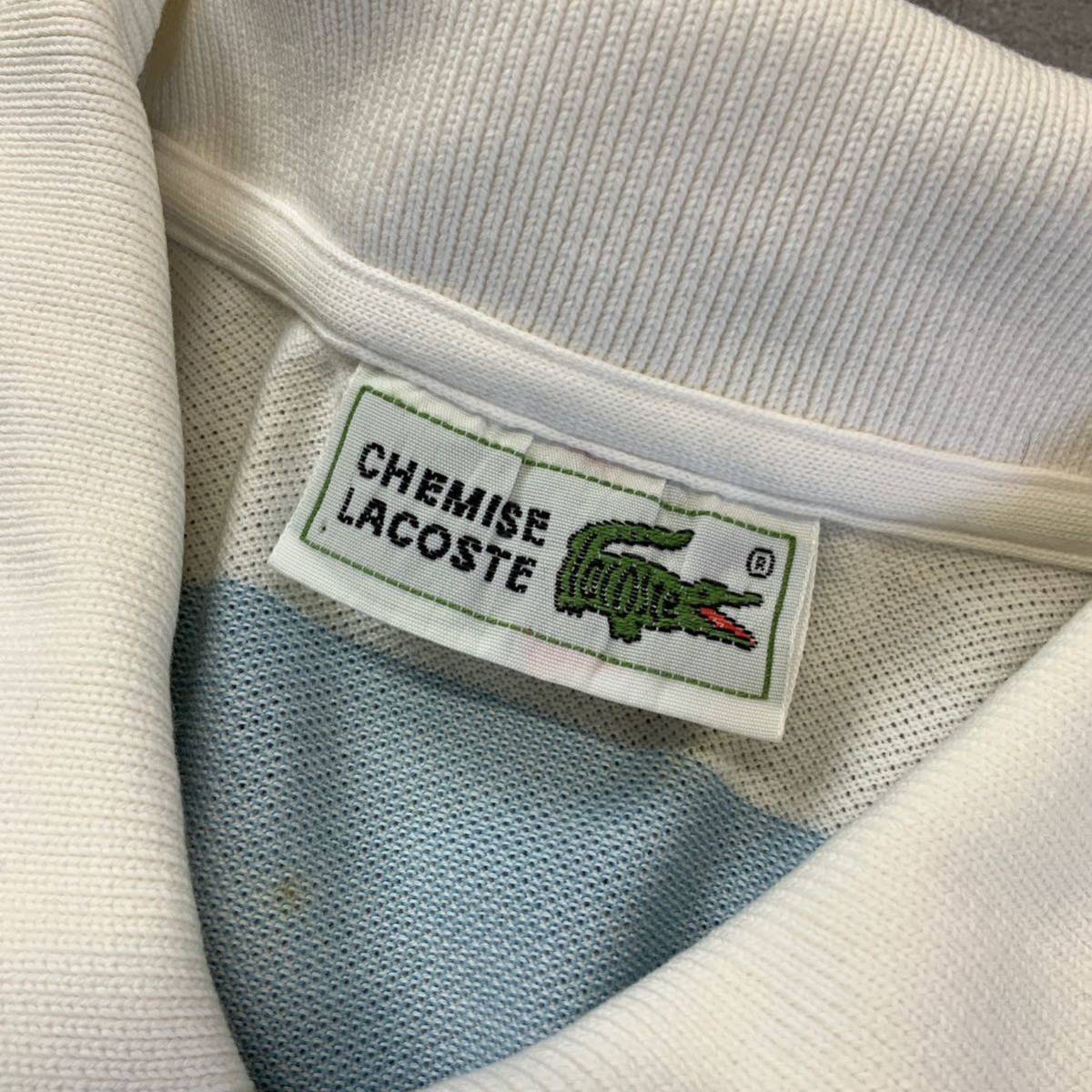 80s CHEMISE LACOSTE シュミーズラコステ 太ボーダー 鹿子 半袖 ポロシャツ メンズ サイズ3 ホワイト ライトブルー ゴルフ golf_画像7