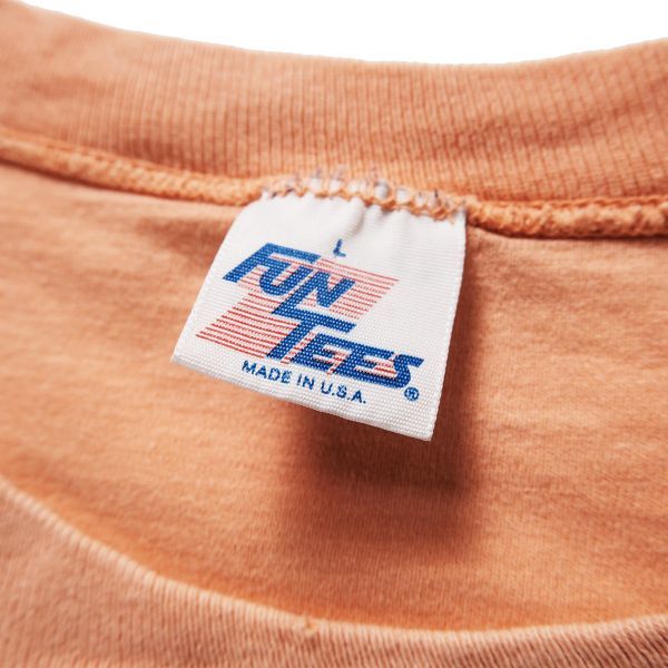 90's USA製 FUN TEES ボーダー クルーネック コットン Tシャツ (L) サーモン系 半袖 無地 シングルステッチ 90年代 アメリカ製 オールドの画像7