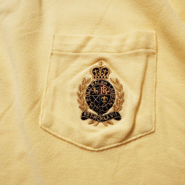 90's USA制 ポロラルフローレン クッキークレスト刺繍 鹿の子 ポロシャツ 半袖 (XXL) 黃色 コットン 90年代 アメリカ制 舊タグ オールド