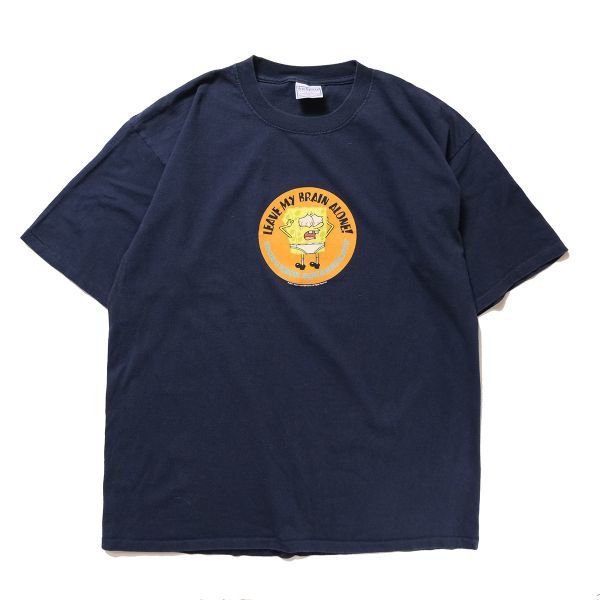 00's スポンジボブ アニメプリント クルーネック コットン Tシャツ 半袖 (XL) 紺 カートゥーン 00年代 旧タグ オールド 2001年コピーライト