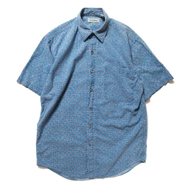 上品な 90's LLビーン L.L.Bean ブロックプリント コットン シャツ 半袖 (S) 紺×ターコイズ系 総柄 90年代 旧タグ オールド 男性用