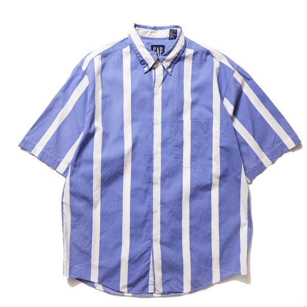 90's ギャップ GAP 太ストライプ コットン ボタンダウンシャツ 半袖 (M) 青×白系 90年代 オールド 旧タグ 青タグ