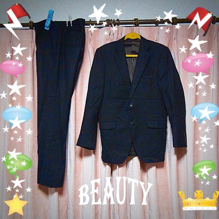 【お得】 Mr junkoのスーツ上下（L)　紺で白のストライブ　毛１００％ Lサイズ