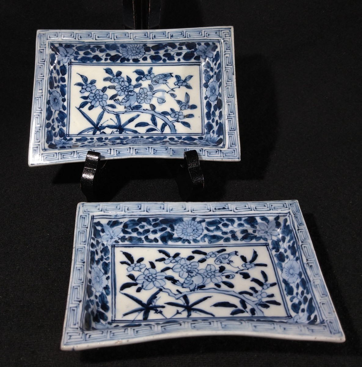 古伊万里 花唐草文 雷文 花鳥図 大明成化年製 15cm 長皿 2客揃 b-13a2851