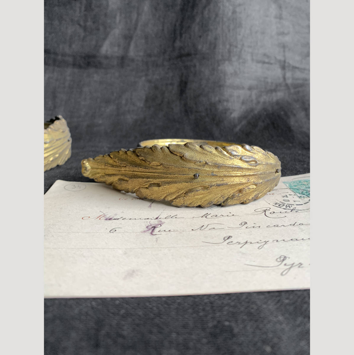 フランス 19世紀後期 真鍮 カーテン ホルダー リング ボタニカル 葉 アール・ヌーヴォー インテリア テーブル 布生地 アンティーク 1_画像3