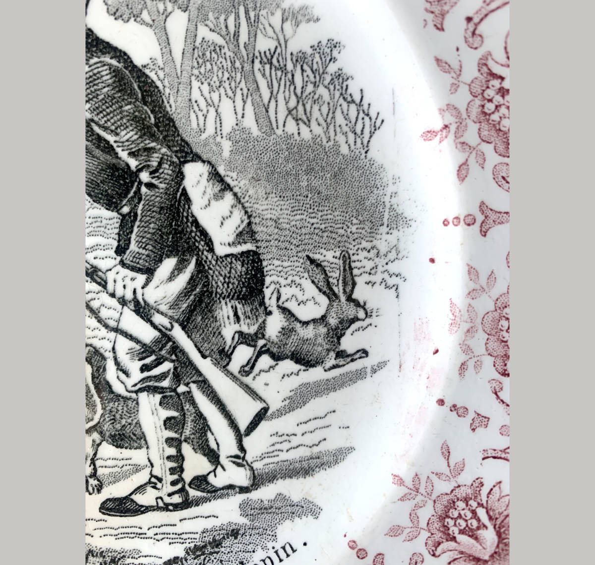 フランス 19世紀後期 グリザイユ St Amand 陶器 皿 絵皿 gien 狩猟 兎 猟犬 ハンター ジビエ ハンティング 絵画 美術 骨董 アンティーク