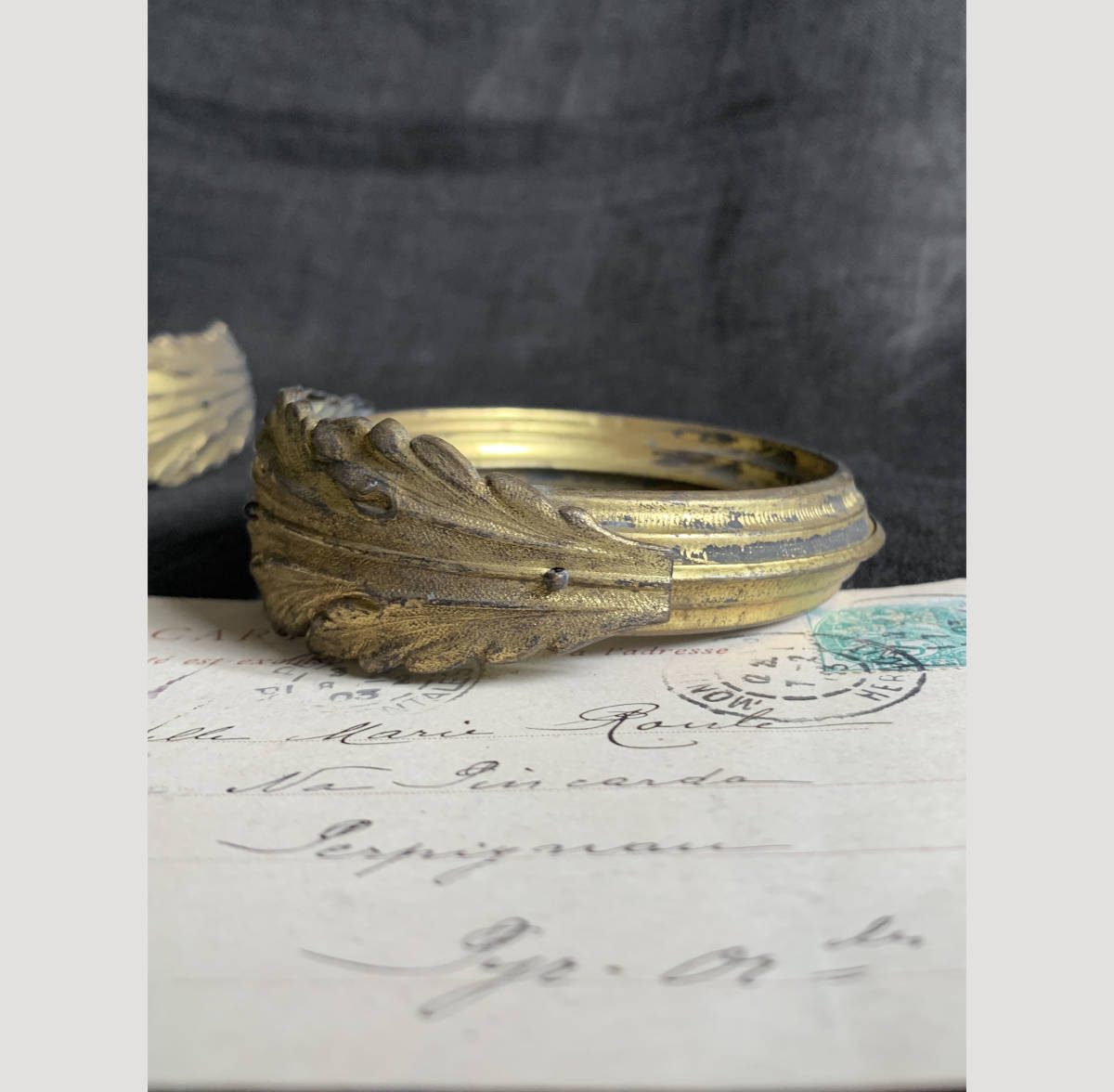 フランス 19世紀後期 真鍮 カーテン ホルダー リング ボタニカル 葉 アール・ヌーヴォー インテリア テーブル 布生地 アンティーク 1_画像4