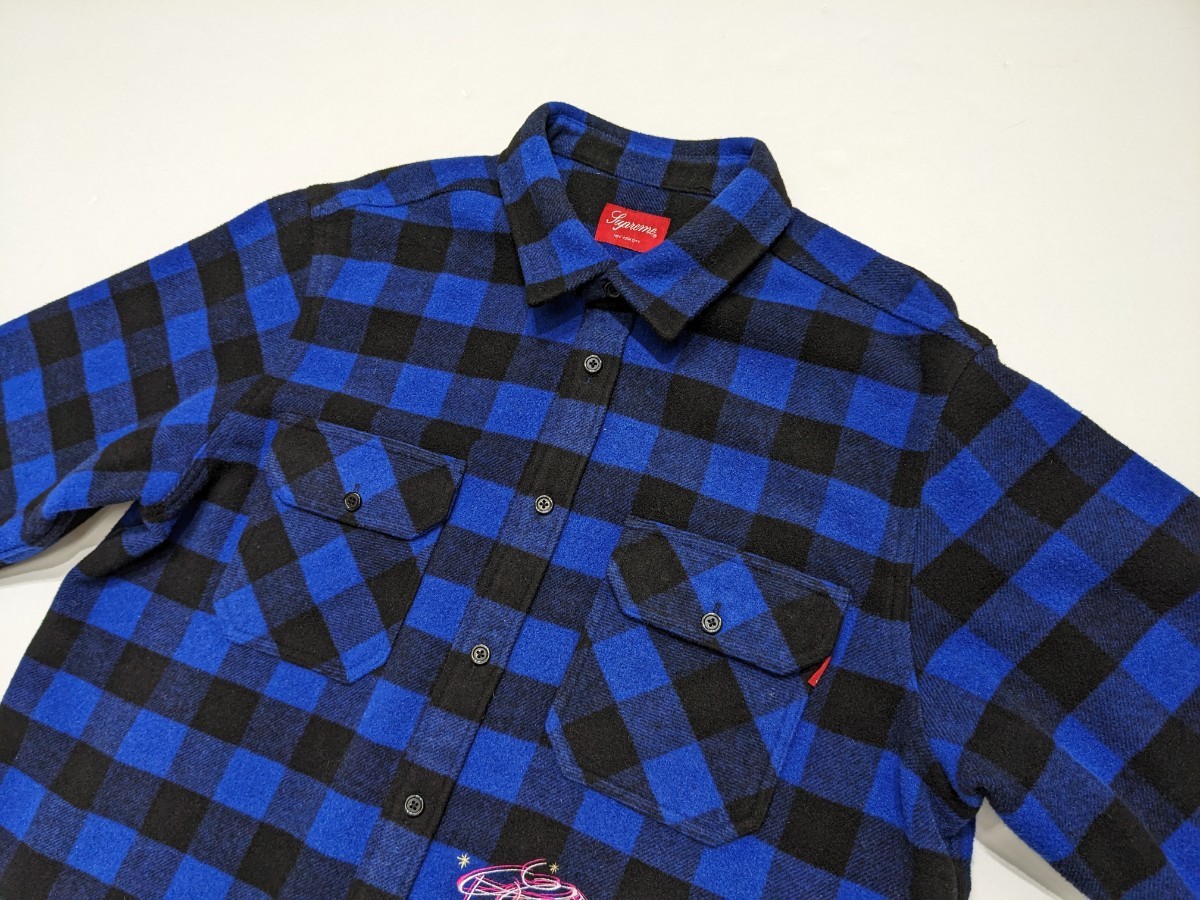 美品 19AW Supreme シュプリーム 1-800 BUFFALO PLAID SHIRT ネルシャツ 長袖シャツ 青 バッファローチェック  サイズ表記なし ウール ロゴ