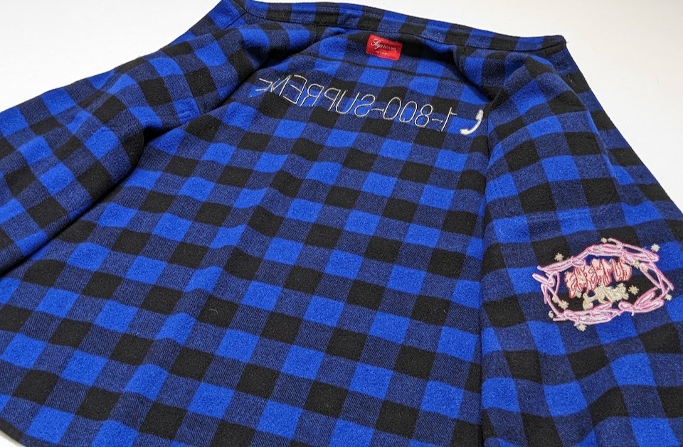 美品 19AW Supreme シュプリーム 1-800 BUFFALO PLAID SHIRT ネルシャツ 長袖シャツ 青 バッファローチェック  サイズ表記なし ウール ロゴ