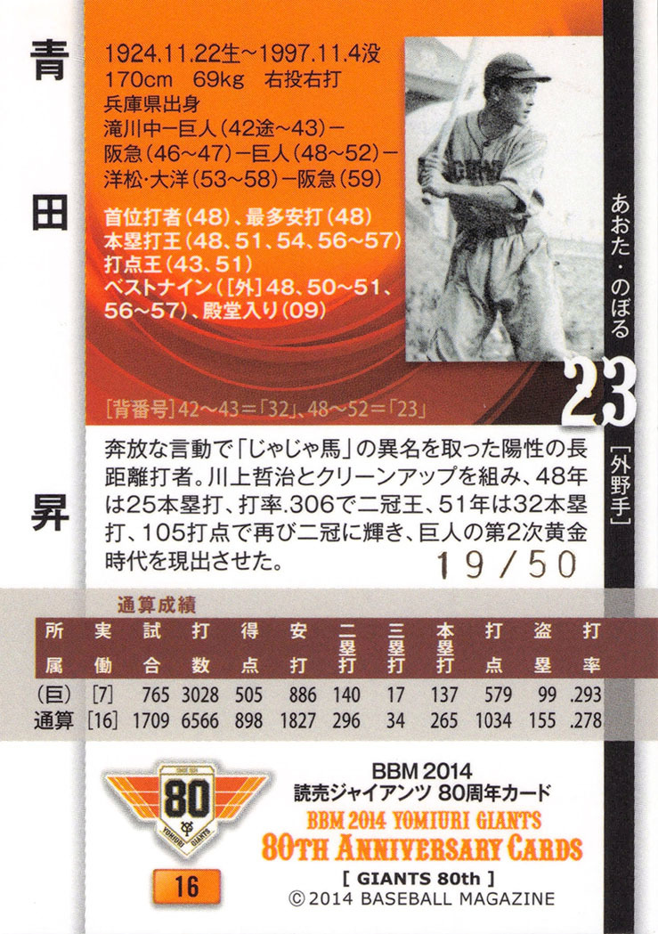 【送料無料】BBM 2014 青田昇 銀サイン パラレル 19/50 読売ジャイアンツ 80周年カード_画像2