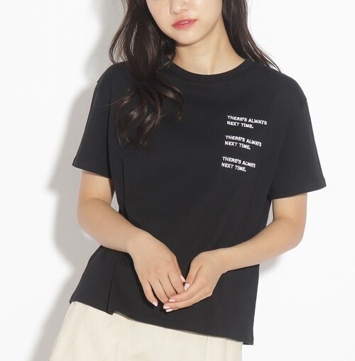 ラスト　新品　　PINK-latte【コットン100%/毛玉になりにくい】3段ロゴTシャツ　ブラック(019)　14(140cm)　定価1089円_画像1