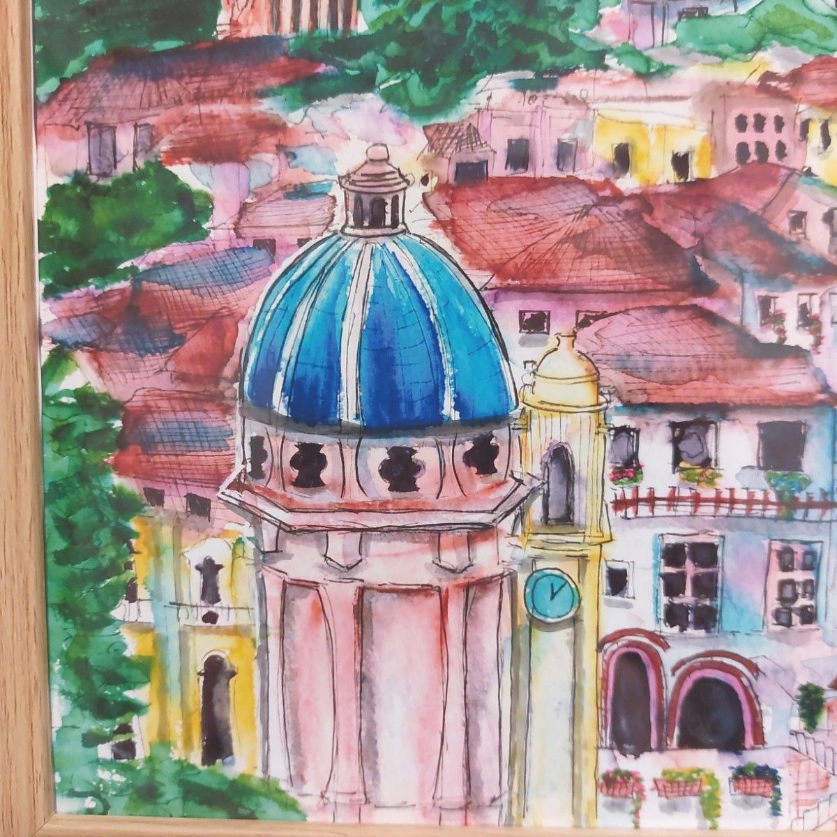 自作絵画印刷作品　イタリア・ナポリの風景　フレーム入り 風景画 水彩画 額装