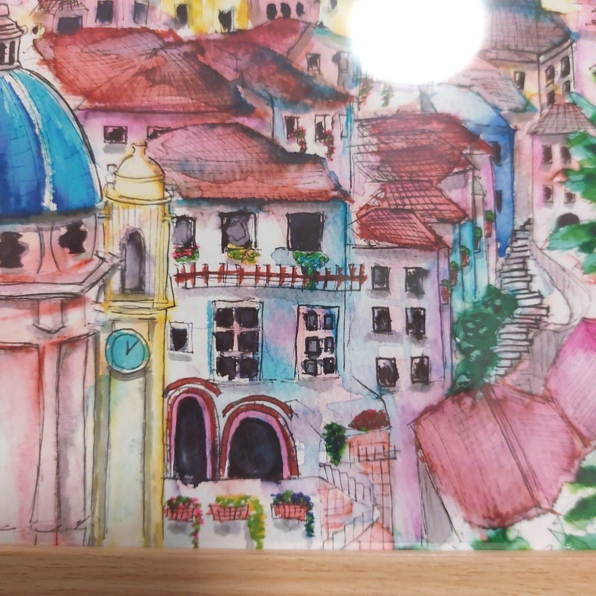 自作絵画印刷作品　イタリア・ナポリの風景　フレーム入り 風景画 水彩画 額装