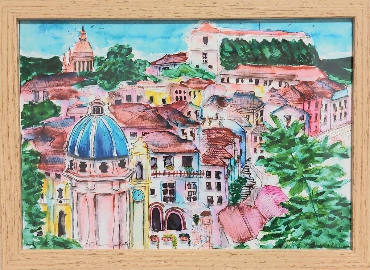 自作絵画印刷作品　イタリア・ナポリの風景　フレーム入り 風景画 水彩画 額装