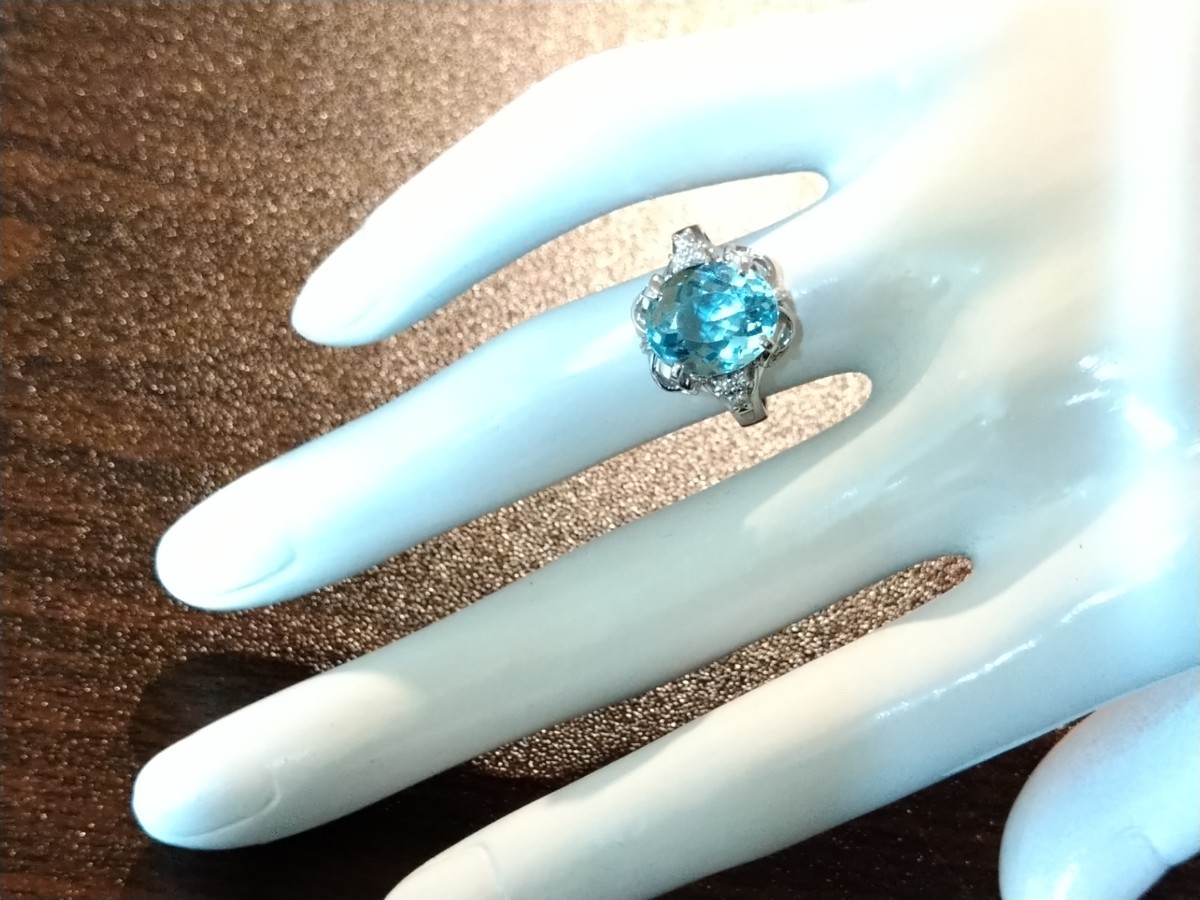 超美品 天然 アクアマリン ダイヤモンド リング 3.5ct Pt900 鑑定書 10