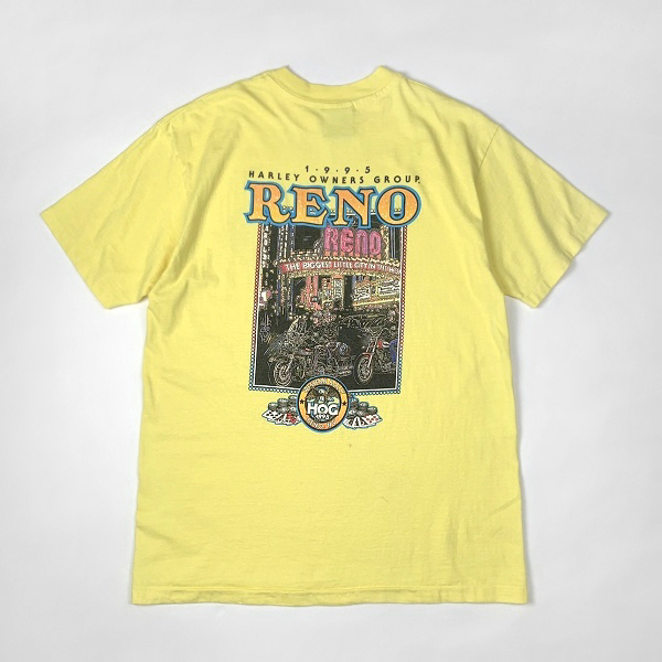 送料無料 90s 1995 ビンテージ ハーレー ダビッドソン イーグル カジノ バイカー 両面プリント Tシャツ USA製 黄 古着 HOG HARLEY DAVIDSON