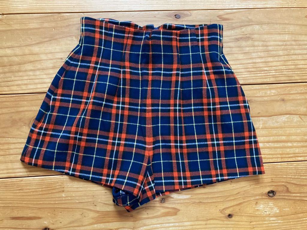  unused goods COCO DEALko Cody -ru high waist short pants M size check culotte navy blue orange Mini new goods short pants D