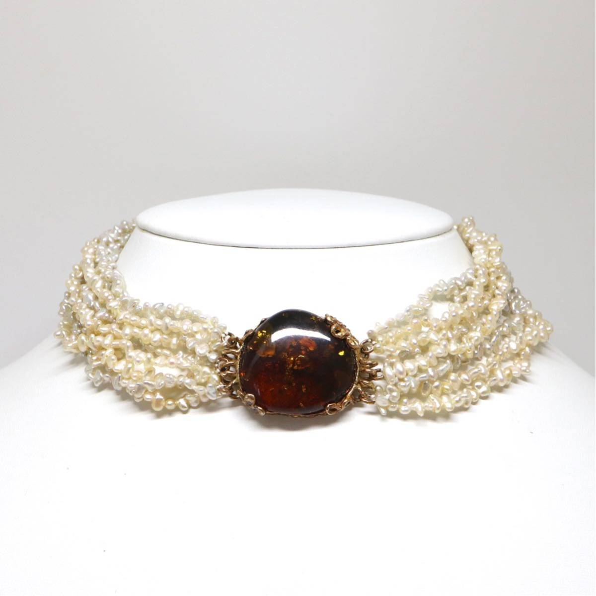 豪華!!◆K18/K14 天然本琥珀/ケシパール ネックレス◆M 52.4g 34.5cm チョーカー amber pearl diamond ジュエリー jewelry EC8_画像1