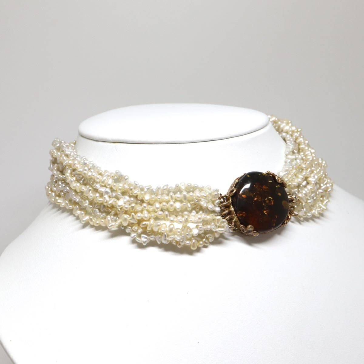 豪華!!◆K18/K14 天然本琥珀/ケシパール ネックレス◆M 52.4g 34.5cm チョーカー amber pearl diamond ジュエリー jewelry EC8_画像2