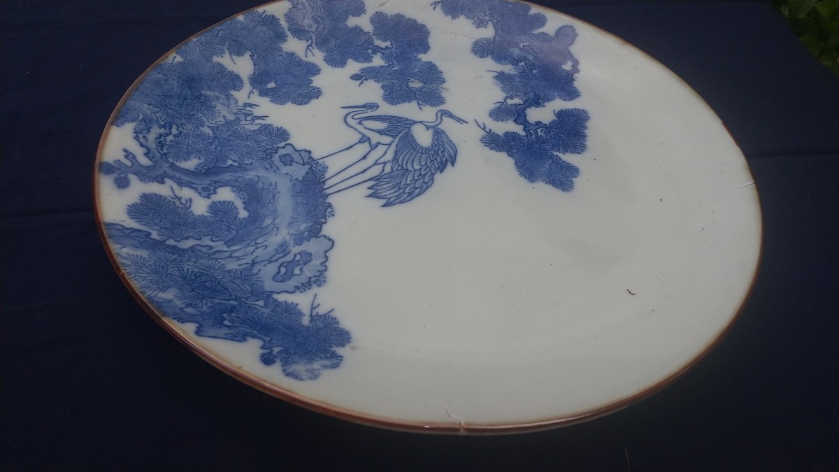 明治期 印版手 大皿37㎝ 松に鶴の吉祥図 裏印有り_画像4