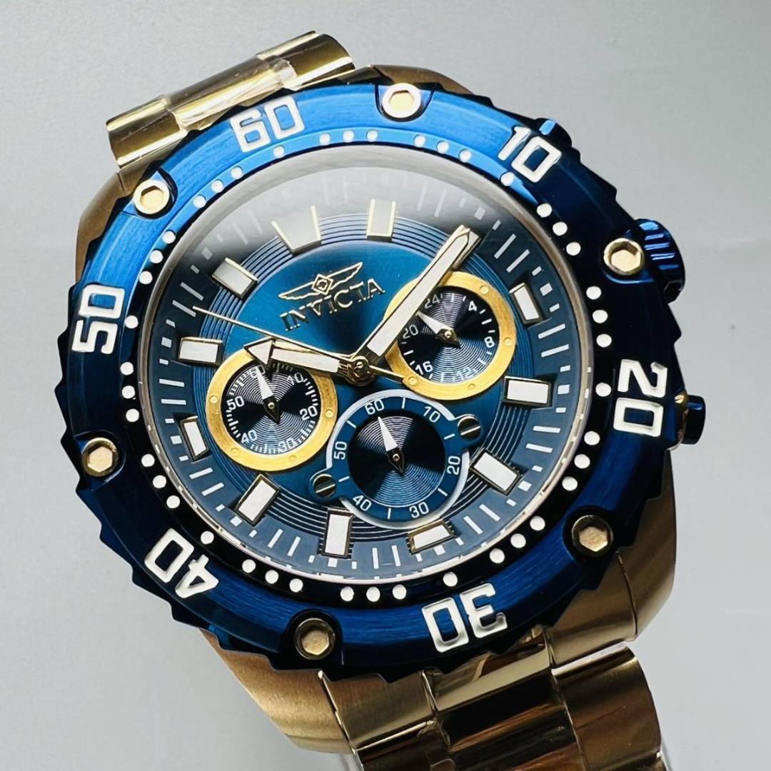 ゴールド＆ブルー【新品】INVICTA インビクタ プロダイバー メンズ 腕時計 ケース直径48mm クロノグラフ クォーツ 電池式 メンズ 金_画像3