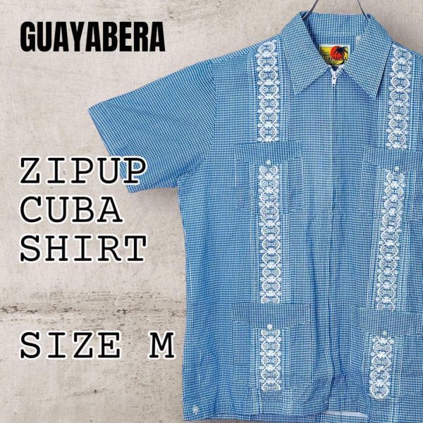 キューバシャツ風半袖フルジップシャツ 4ポケット ブルーチェック USA規格M_画像1