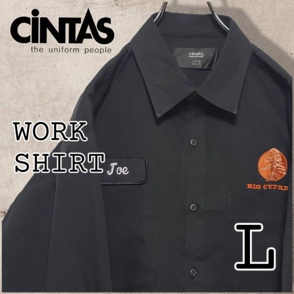 チンタス長袖ワークシャツブラック Ｗポケット企業ロゴ US規格Lサイズ_画像1