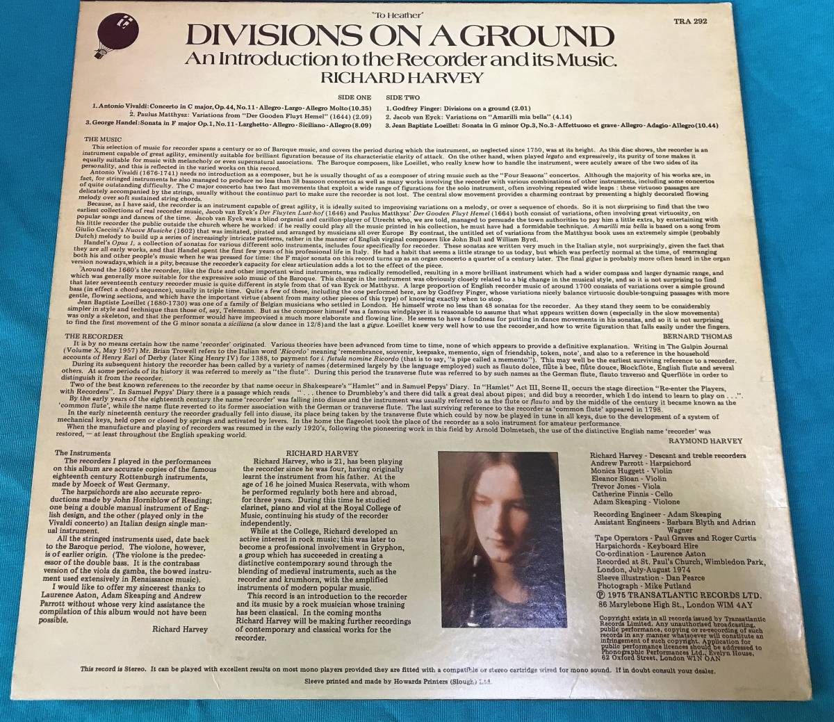 LP●Richard Harvey / Divisions On A Ground UKオリジナル盤TRA292 マトA//1 B//1 テクスチャ―ジャケ Gryphon_画像2