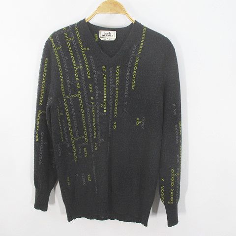 エルメス HERMES 長袖 ニット セーター S 灰系 グレー 柄 カシミヤ V