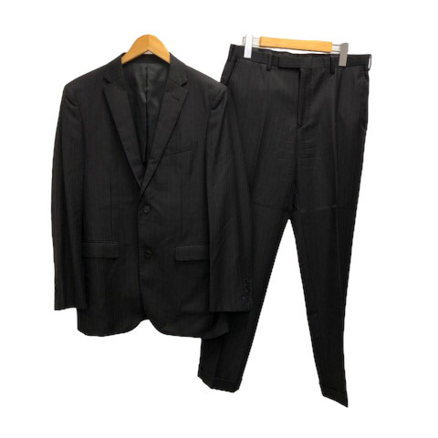 ブラックレーベルクレストブリッジ スーツ フォーマル シングルジャケット ストライプ 裾ダブル チャコールグレー パープル メンズ