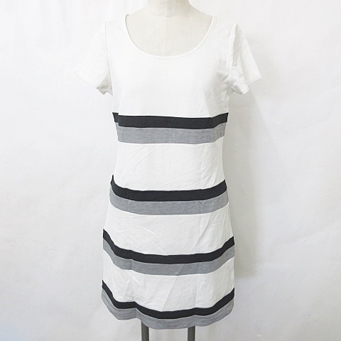  premium bai Vicky One-piece tunic short sleeves ound-necked knee height stretch border white black gray white black 2