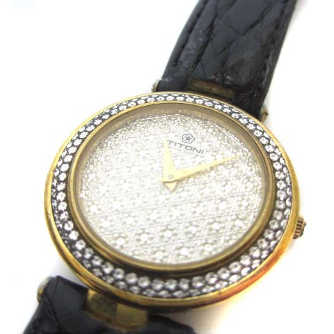 チトーニ TITONI 72331 腕時計 アナログ クォーツ メレダイヤ レザー SS ゴールドカラー ブラック 黒 金色 レディース_画像2