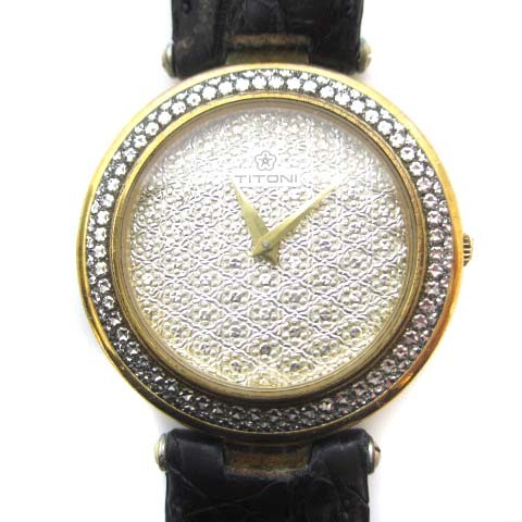 超美品の チトーニ TITONI 72331 腕時計 アナログ クォーツ メレダイヤ レザー SS ゴールドカラー ブラック 黒 金色 レディース その他