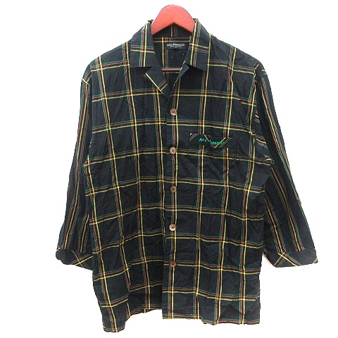 ミスタージュンコ Mr.JUNKO オープンカラーシャツ チェック ストライプ 七分袖 S 黒 ブラック /AU メンズ_画像1