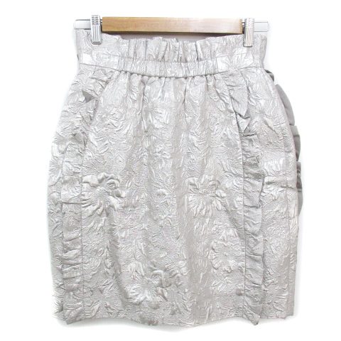 ka on Kaon tight skirt knee height frill floral print silk .38 silver beige /FF36 lady's 