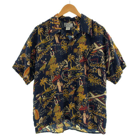 アヴァンティ AVANTI アロハシャツ オープンカラー 半袖 胸ポケ プリント シルク100％ ネイビー 紺 黄色 赤 ベージュ M