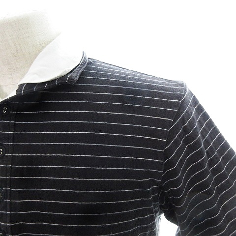 タケオキクチ TAKEO KIKUCHI ポロシャツ カットソー 半袖 ステンカラー 薄手 コットン ボーダー 3 黒 白 ブラック ホワイト メンズ_画像5