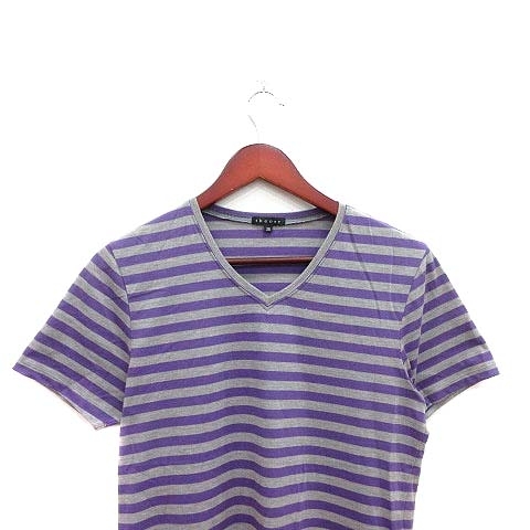 セオリー theory Tシャツ カットソー Vネック ボーダー 半袖 38 紫 パープル グレー /YK レディース_画像2