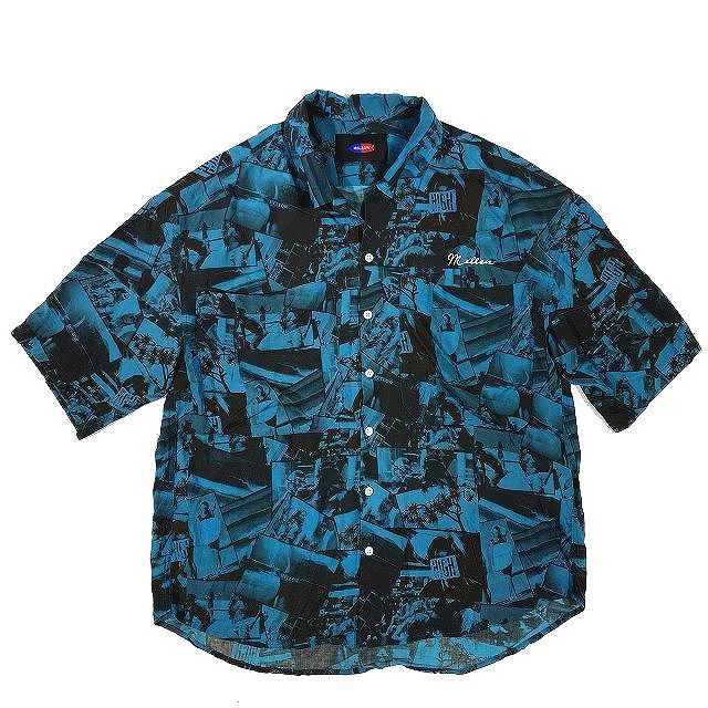 美品 melow メロウ オープンカラーシャツ トップス 総柄 開襟 ロゴ刺繍 ビッグポケット 青 ブルー サイズM メンズ ME-SSK45_画像1