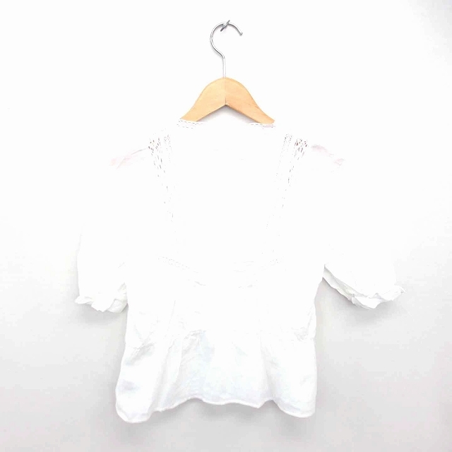 ディスコート Discoat シャツ ブラウス レース ノーカラー 透け感 綿 コットン 半袖 F ホワイト 白 /TT34_画像2