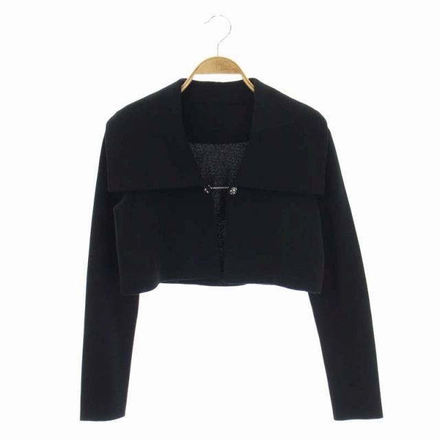 フォクシー ブティック FOXEY BOUTIQUE Lady Jacket ニットジャケット ボレロ ビッグカラー チェーン 38 黒 ブラック 37665