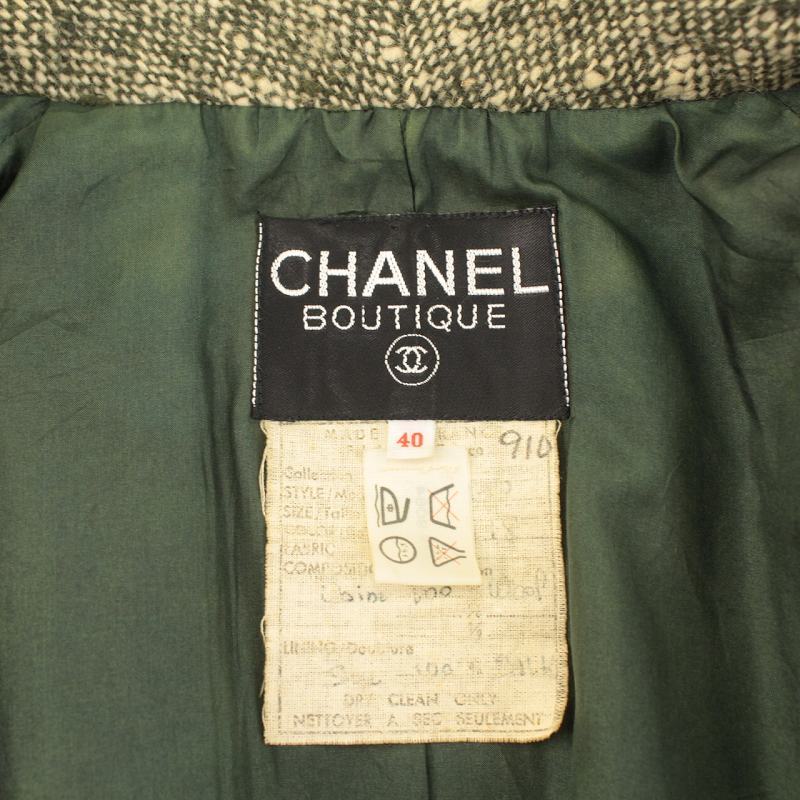 シャネル CHANEL ヴィンテージ ツイードジャケット ダブル ココマーク 金ボタン ノーカラー ウール 裏地絹 シルク 40 M 緑_画像5
