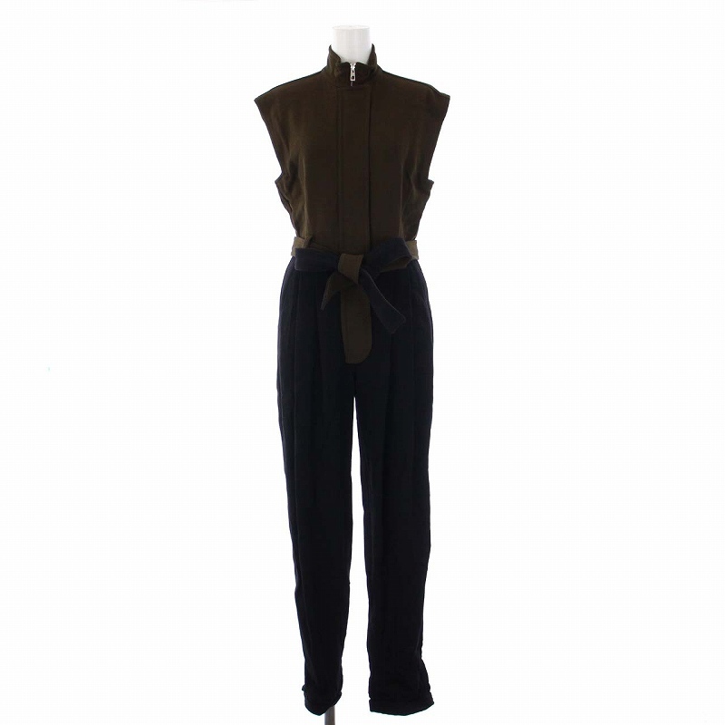 ロエベ LOEWE sleeveless belted jumpsuit スリーブレスベルテッドジャンプスーツ オールインワン ノースリーブ 34 XS カーキ 黒_画像1