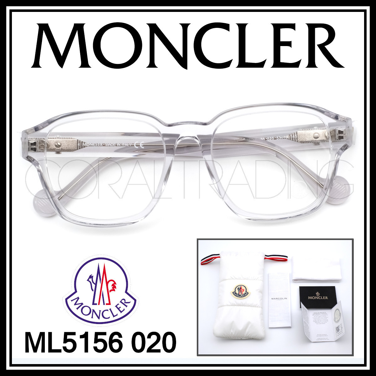 23368★新品本物！MONCLER ML5156 020 クリアグレー モンクレール セルフレーム ウェリントンシェイプ メガネ 眼鏡
