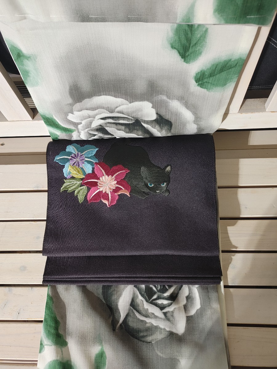 レア撫松庵名古屋帯夏帯貓鉄線花刺繍黒貓紗羅絽洗える着物化繊| JChere